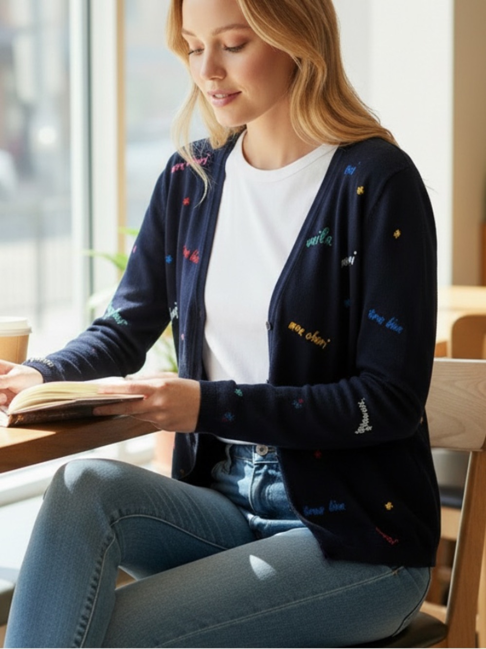Talbots Navy Cardigan with Multicolor Script Embroidery
